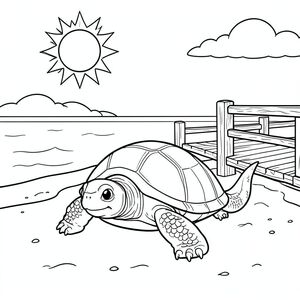 Độc lập, Rùa đơn, một đầu, Hai mắt, bốn chân, một vỏ, một đuôi, bàn chân trên mặt đất vững chắc, tỷ lệ tự nhiên, quy mô thích hợp trong môi trường, đúng giải phẫu, rùa, mặt trời, bờ biển, lối đi lát ván, lan can gỗ, cát, nước trong, bầu trời, ấm áp, đơn giản, sạch sẽ, trang màu, nghệ thuật đường, nền trắng, solo, chủ đề đơn, chính xác về mặt giải phẫu, giải phẫu hoàn hảo