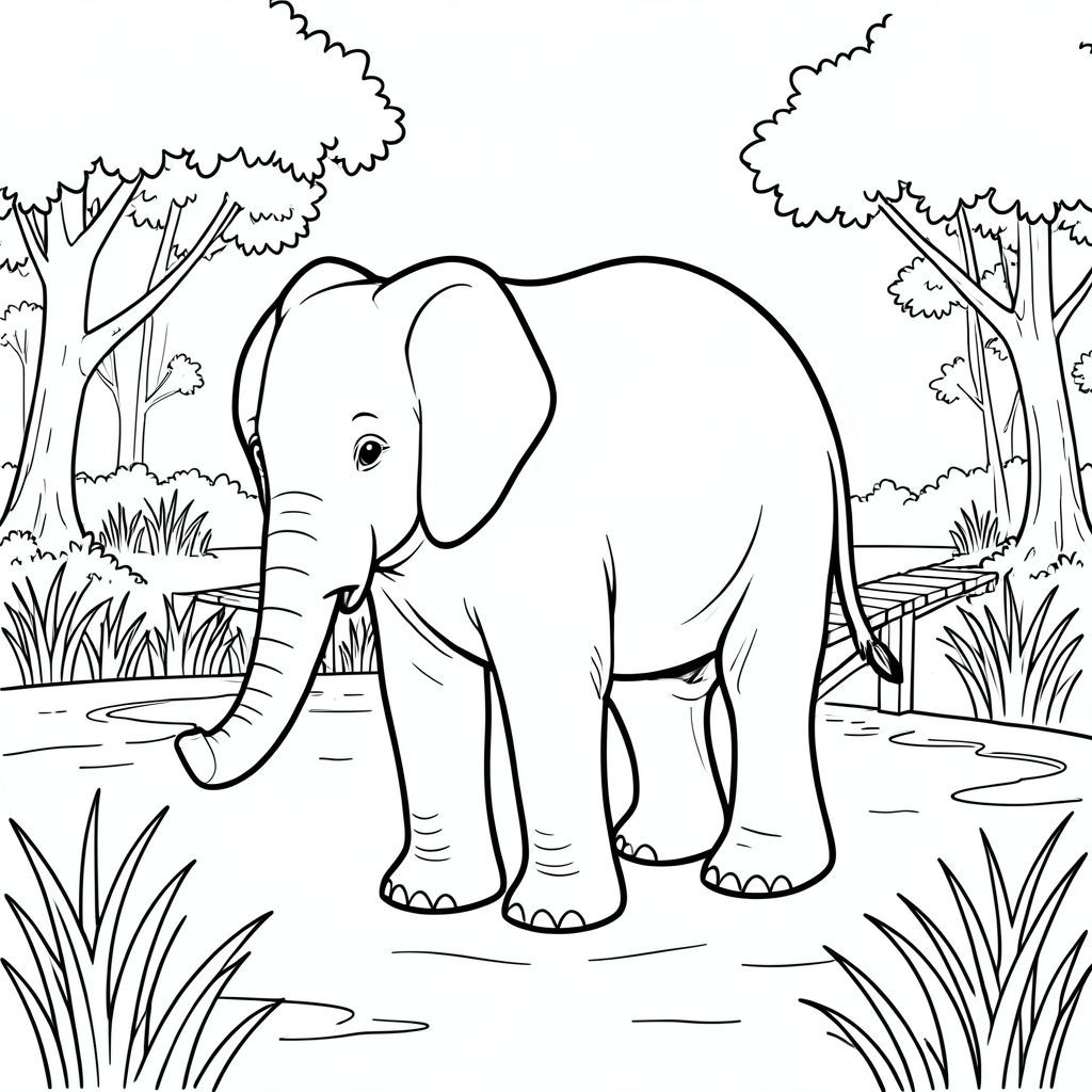 solo, một con voi, một đầu, hai mắt, hai tai lớn, một thân cây, bốn chân, một đuôi, bàn chân trên mặt đất vững chắc, tỷ lệ tự nhiên, quy mô thích hợp trong môi trường, đúng giải phẫu, voi, đầm lầy, đất ngập nước, lối đi lát ván, cây cối, cỏ, nước, ánh sáng mặt trời, rõ ràng, đơn giản, sạch sẽ, trang màu, nghệ thuật đường, nền trắng, solo, chủ đề đơn, đúng giải phẫu, giải phẫu hoàn hảo