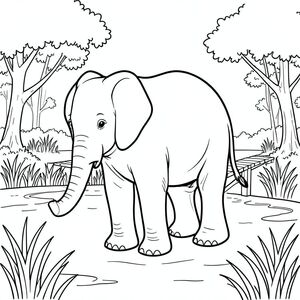 solo, một con voi, một đầu, hai mắt, hai tai lớn, một thân cây, bốn chân, một đuôi, bàn chân trên mặt đất vững chắc, tỷ lệ tự nhiên, quy mô thích hợp trong môi trường, đúng giải phẫu, voi, đầm lầy, đất ngập nước, lối đi lát ván, cây cối, cỏ, nước, ánh sáng mặt trời, rõ ràng, đơn giản, sạch sẽ, trang màu, nghệ thuật đường, nền trắng, solo, chủ đề đơn, đúng giải phẫu, giải phẫu hoàn hảo