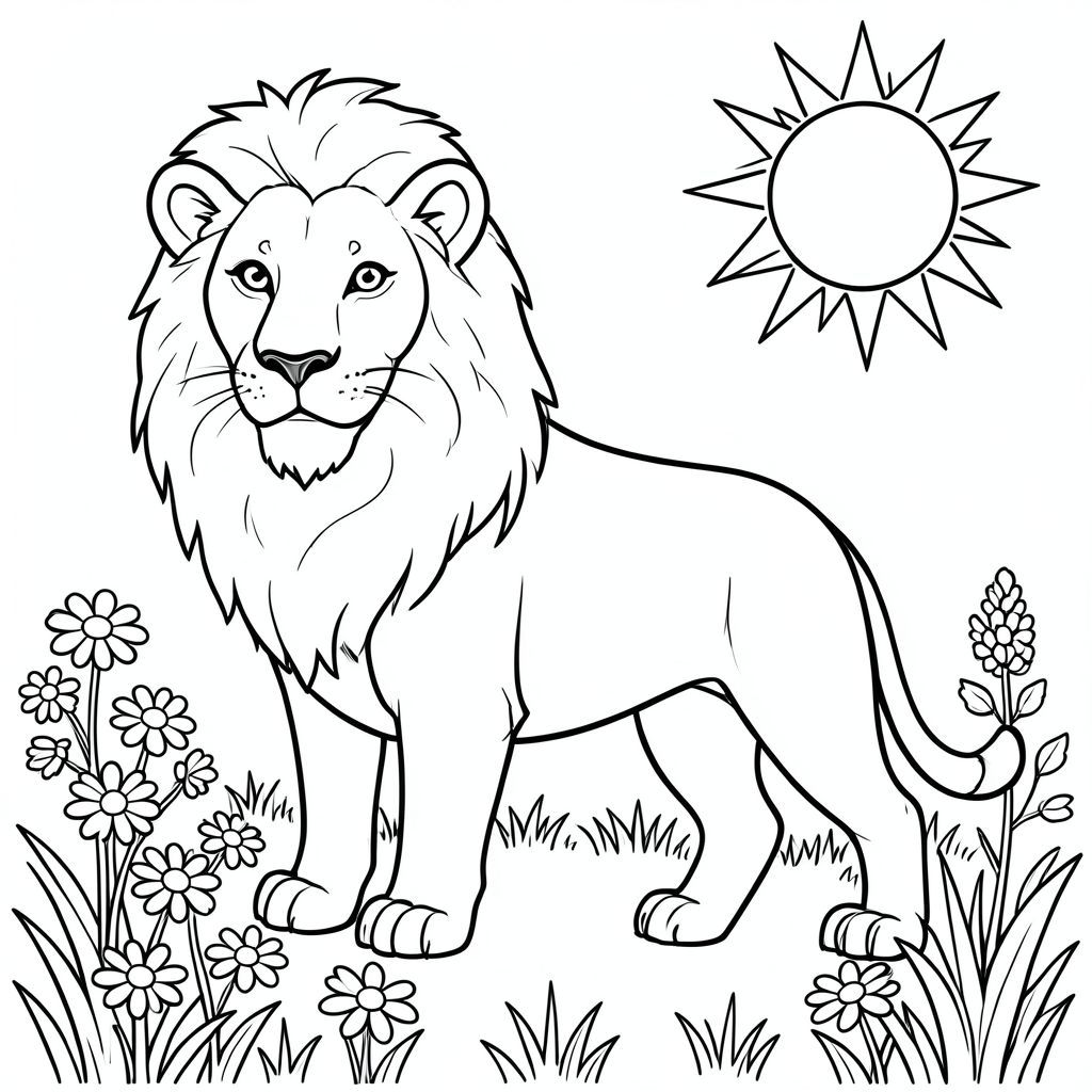 solo, chủ đề đơn, một đầu, hai mắt, hai tai, bốn chân, một đuôi, tỷ lệ tự nhiên, quy mô thích hợp trong môi trường, đúng giải phẫu, sư tử, mặt trời, mùa xuân, vườn, hoa cúc, cỏ, ánh sáng mặt trời, rõ ràng, đơn giản, sạch sẽ, lý lịch, trang màu, nghệ thuật đường, nền trắng, solo, chủ đề đơn, đúng về mặt giải phẫu, giải phẫu hoàn hảo