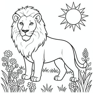 solo, chủ đề đơn, một đầu, hai mắt, hai tai, bốn chân, một đuôi, tỷ lệ tự nhiên, quy mô thích hợp trong môi trường, đúng giải phẫu, sư tử, mặt trời, mùa xuân, vườn, hoa cúc, cỏ, ánh sáng mặt trời, rõ ràng, đơn giản, sạch sẽ, lý lịch, trang màu, nghệ thuật đường, nền trắng, solo, chủ đề đơn, đúng về mặt giải phẫu, giải phẫu hoàn hảo