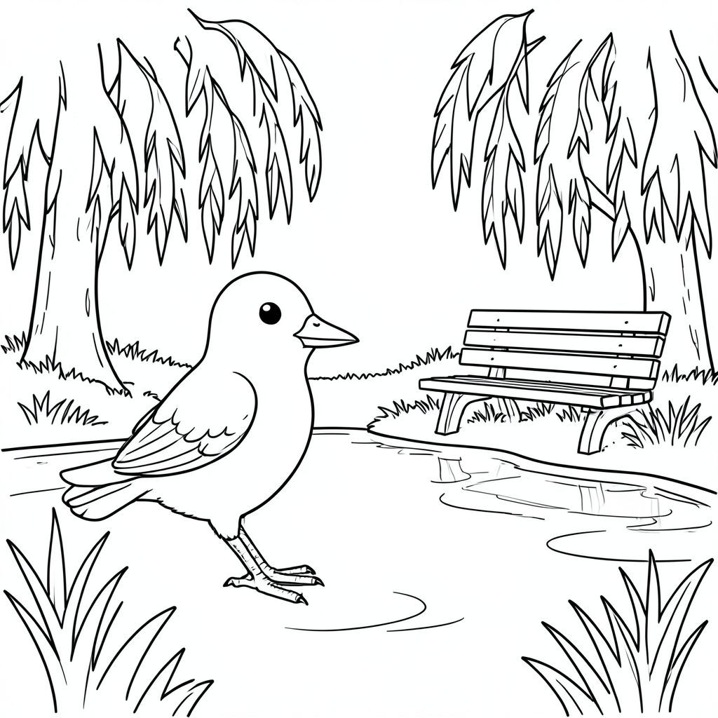 Độc lập, một con chim, một đầu, hai mắt, một mỏ, hai cánh, hai chân, một đuôi, tỷ lệ tự nhiên, quy mô thích hợp trong môi trường, chính xác về mặt giải phẫu, chim, ao, cây liễu, băng ghế công viên, cỏ, ánh sáng mặt trời, nước trong, thanh bình, yên tĩnh, yên bình, đơn giản, tô màu, nghệ thuật đường, nền trắng, solo, chủ đề đơn, chính xác về mặt giải phẫu, giải phẫu hoàn hảo