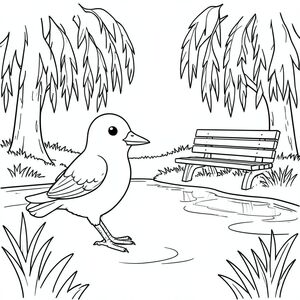 Độc lập, một con chim, một đầu, hai mắt, một mỏ, hai cánh, hai chân, một đuôi, tỷ lệ tự nhiên, quy mô thích hợp trong môi trường, chính xác về mặt giải phẫu, chim, ao, cây liễu, băng ghế công viên, cỏ, ánh sáng mặt trời, nước trong, thanh bình, yên tĩnh, yên bình, đơn giản, tô màu, nghệ thuật đường, nền trắng, solo, chủ đề đơn, chính xác về mặt giải phẫu, giải phẫu hoàn hảo