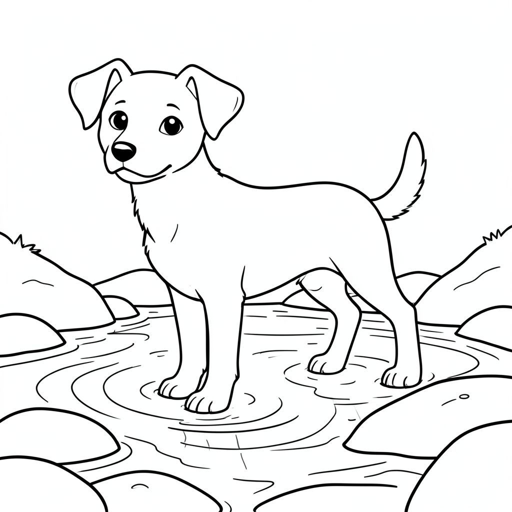 solo, chủ đề đơn, một đầu, hai mắt, hai tai, bốn chân, một đuôi, tỷ lệ tự nhiên, quy mô thích hợp trong môi trường, đúng giải phẫu, chó, Suối, Nước, đá, mịn, tròn, chảy, nhẹ nhàng, rõ ràng, ánh sáng mặt trời, phản chiếu, trang màu, nghệ thuật đường, nền trắng, solo, chủ đề đơn, đúng về mặt giải phẫu, giải phẫu hoàn hảo