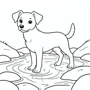 solo, chủ đề đơn, một đầu, hai mắt, hai tai, bốn chân, một đuôi, tỷ lệ tự nhiên, quy mô thích hợp trong môi trường, đúng giải phẫu, chó, Suối, Nước, đá, mịn, tròn, chảy, nhẹ nhàng, rõ ràng, ánh sáng mặt trời, phản chiếu, trang màu, nghệ thuật đường, nền trắng, solo, chủ đề đơn, đúng về mặt giải phẫu, giải phẫu hoàn hảo