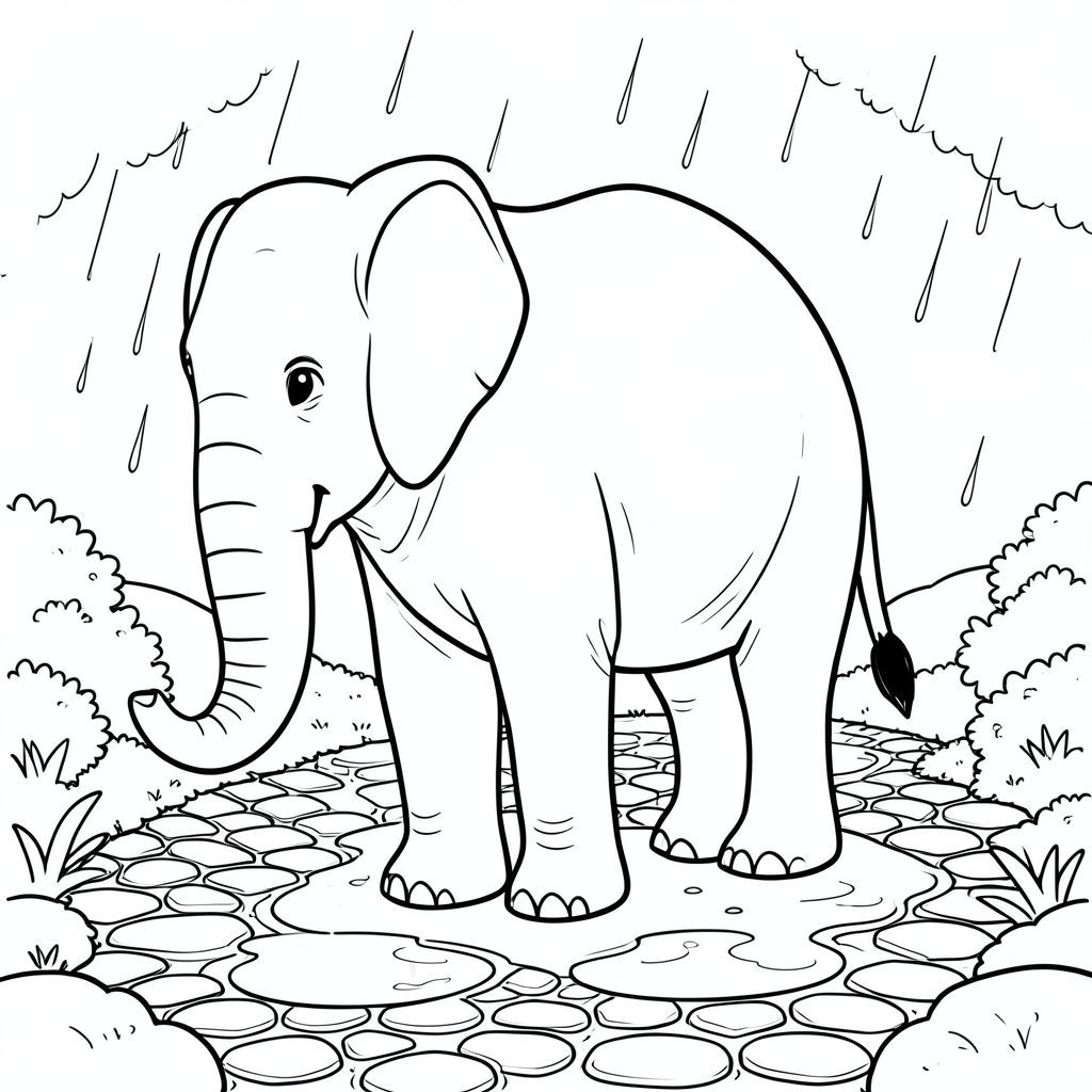 solo, một con voi, một đầu, hai mắt, hai tai lớn, một thân cây, bốn chân, một đuôi, bàn chân trên nền vững chắc, tỷ lệ tự nhiên, quy mô thích hợp trong môi trường, đúng về mặt giải phẫu, voi, Mưa, vũng nước, đường vườn, yên tĩnh, u ám, ẩm ướt, đá cuội, đá, nhỏ, đơn giản, trang màu, nghệ thuật đường nét, nền trắng, solo, chủ đề đơn, đúng giải phẫu, giải phẫu hoàn hảo