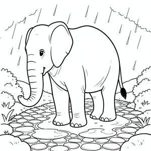 solo, một con voi, một đầu, hai mắt, hai tai lớn, một thân cây, bốn chân, một đuôi, bàn chân trên nền vững chắc, tỷ lệ tự nhiên, quy mô thích hợp trong môi trường, đúng về mặt giải phẫu, voi, Mưa, vũng nước, đường vườn, yên tĩnh, u ám, ẩm ướt, đá cuội, đá, nhỏ, đơn giản, trang màu, nghệ thuật đường nét, nền trắng, solo, chủ đề đơn, đúng giải phẫu, giải phẫu hoàn hảo