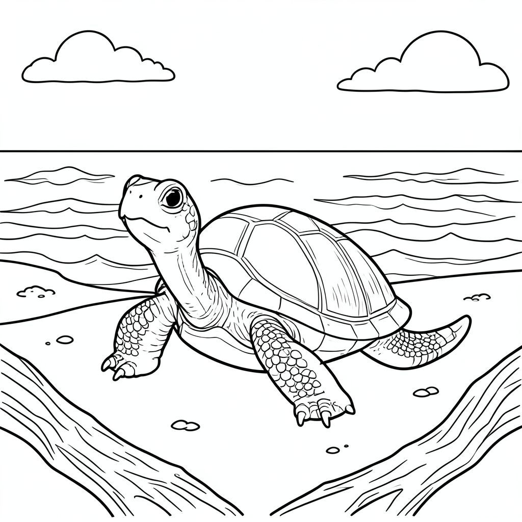 solo, rùa đơn, một đầu, hai mắt, bốn chân, một vỏ, một đuôi, bàn chân trên mặt đất vững chắc, tỷ lệ tự nhiên, quy mô thích hợp trong môi trường, đúng giải phẫu, rùa, bờ biển, cát, lũa, chỗ ngồi, ánh sáng mặt trời, ấm áp, bầu trời, đại dương, sóng, trang màu, nghệ thuật đường, nền trắng, solo, chủ đề đơn, chính xác về mặt giải phẫu, giải phẫu hoàn hảo