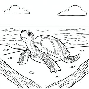 solo, rùa đơn, một đầu, hai mắt, bốn chân, một vỏ, một đuôi, bàn chân trên mặt đất vững chắc, tỷ lệ tự nhiên, quy mô thích hợp trong môi trường, đúng giải phẫu, rùa, bờ biển, cát, lũa, chỗ ngồi, ánh sáng mặt trời, ấm áp, bầu trời, đại dương, sóng, trang màu, nghệ thuật đường, nền trắng, solo, chủ đề đơn, chính xác về mặt giải phẫu, giải phẫu hoàn hảo