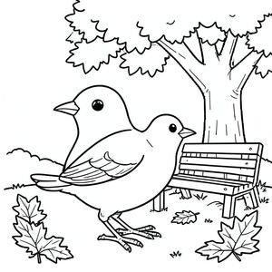 Độc lập, một con chim, một đầu, hai mắt, một mỏ, hai cánh, hai chân, một đuôi, tỷ lệ tự nhiên, quy mô thích hợp trong môi trường, đúng giải phẫu, chim, cây sồi, băng ghế công viên, lá mùa thu, nền đơn giản, đường sạch, phong cách cổ điển, nghệ thuật pixel, sách truyện, tinh khiết và, trang màu, nghệ thuật đường, nền trắng, solo, chủ đề đơn, chính xác về mặt giải phẫu, giải phẫu hoàn hảo