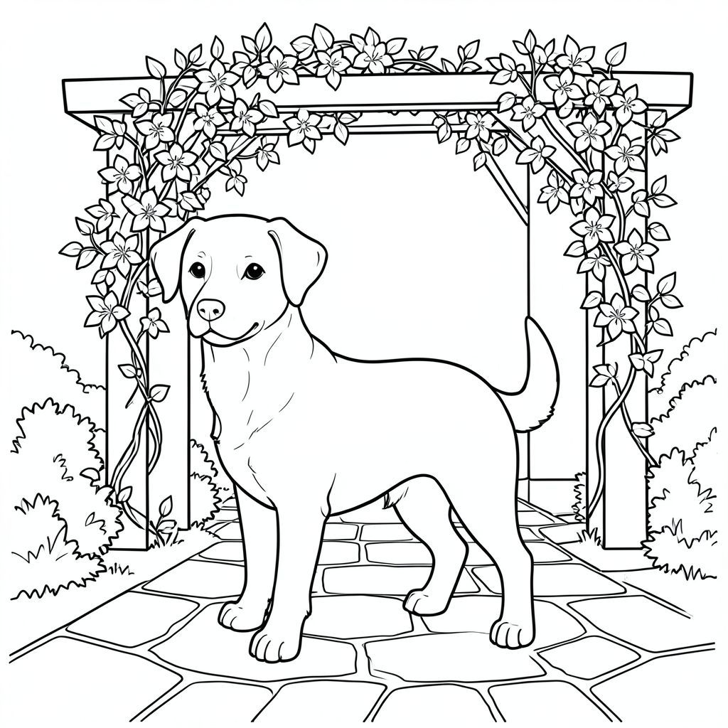 solo, chủ đề đơn, một đầu, hai mắt, hai tai, bốn chân, một đuôi, tỷ lệ tự nhiên, quy mô thích hợp trong môi trường, đúng giải phẫu,, sân đá, pergola, leo hoa nhài, ánh sáng mặt trời, vườn, nền đơn giản, dọn dẹp, khắc, tinh khiết, đơn giản, tô màu, nghệ thuật đường, nền trắng, solo, chủ đề đơn, chính xác về mặt giải phẫu, giải phẫu hoàn hảo