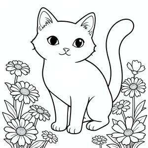 solo, chủ đề đơn, một đầu, hai mắt, hai tai, bốn chân, một đuôi, tỷ lệ tự nhiên, quy mô thích hợp trong môi trường, đúng giải phẫu, con mèo, vườn, hoa, zinnias, vũ trụ, nền đơn giản, sạch sẽ, 3D, tinh khiết, trang màu, nghệ thuật đường, nền trắng, solo, chủ đề đơn, đúng về mặt giải phẫu, giải phẫu hoàn hảo