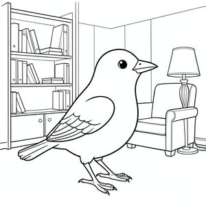 Độc lập, một con chim, một đầu, hai mắt, một mỏ, hai cánh, hai chân, một đuôi, tỷ lệ tự nhiên, quy mô thích hợp trong môi trường, đúng giải phẫu, chim, giá sách, ghế bành, đèn, Gỗ, nền đơn giản, dọn dẹp, sách truyện, thuần khiết, nội thất trắng, trang màu, nghệ thuật đường, nền trắng, solo, chủ đề đơn, chính xác về mặt giải phẫu, giải phẫu hoàn hảo