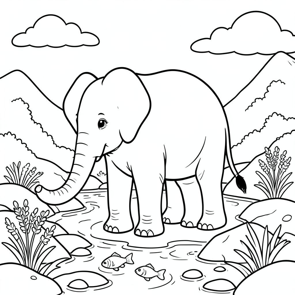 solo, một con voi, một đầu, hai mắt, hai tai lớn, một thân cây, bốn chân, một đuôi, bàn chân trên mặt đất vững chắc, tỷ lệ tự nhiên, quy mô thích hợp trong môi trường, đúng giải phẫu, voi, suối núi, cải xoong, cá nhỏ, nước trong, đá, ánh sáng mặt trời, đá mịn, dòng chảy nhẹ nhàng, bầu trời, đám mây, trang màu, nghệ thuật đường, nền trắng, solo, chủ đề đơn, đúng giải phẫu, giải phẫu hoàn hảo