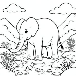 solo, một con voi, một đầu, hai mắt, hai tai lớn, một thân cây, bốn chân, một đuôi, bàn chân trên mặt đất vững chắc, tỷ lệ tự nhiên, quy mô thích hợp trong môi trường, đúng giải phẫu, voi, suối núi, cải xoong, cá nhỏ, nước trong, đá, ánh sáng mặt trời, đá mịn, dòng chảy nhẹ nhàng, bầu trời, đám mây, trang màu, nghệ thuật đường, nền trắng, solo, chủ đề đơn, đúng giải phẫu, giải phẫu hoàn hảo