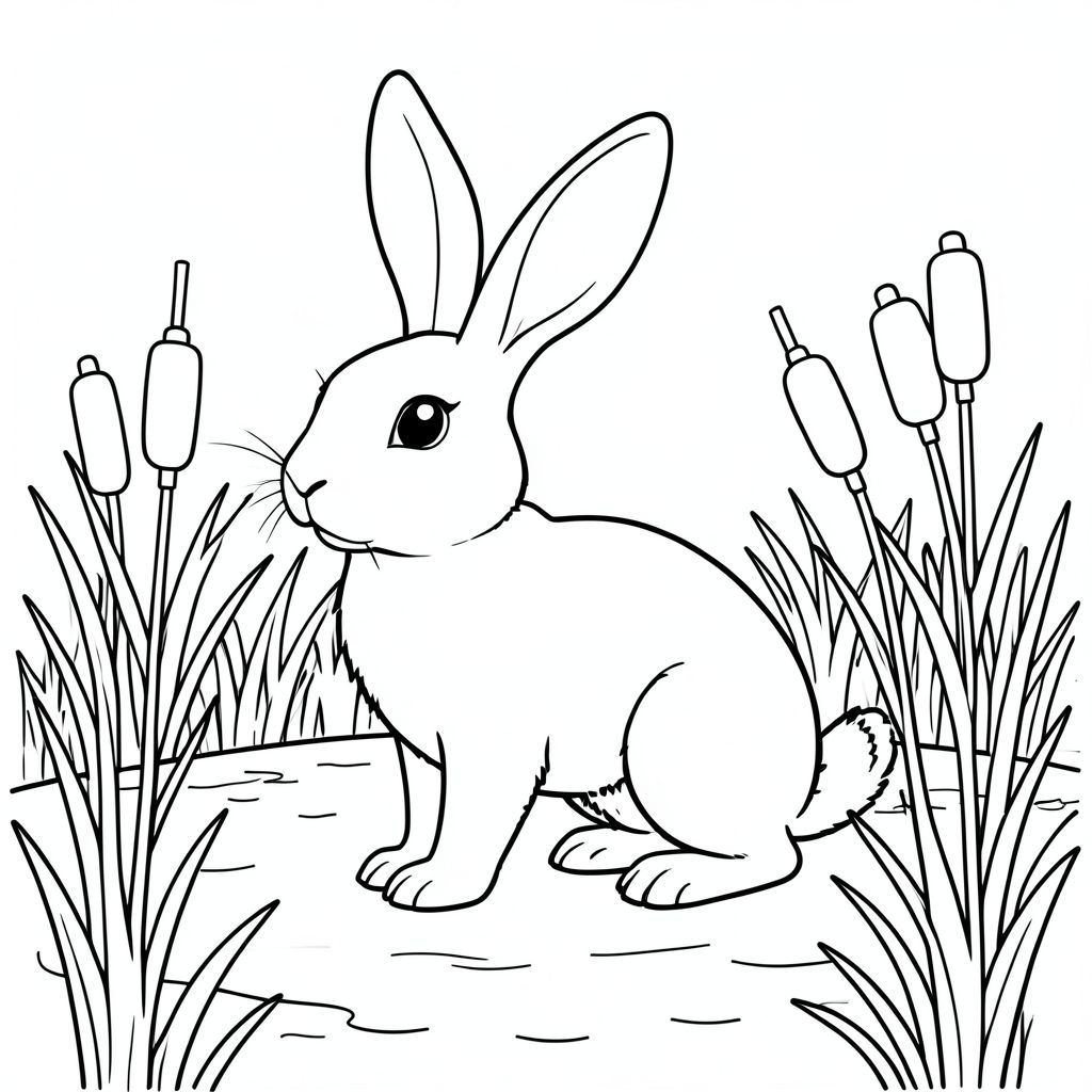 solo, chủ đề đơn, một đầu, hai mắt, hai tai, bốn chân, một đuôi, tỷ lệ tự nhiên, quy mô thích hợp trong môi trường, đúng giải phẫu, thỏ, Cattails, bulrushes, ao đất ngập nước, nhỏ, đơn giản, lý lịch, cánh đồng, cây xanh, Nước, Ánh sáng mặt trời, trang màu, nghệ thuật đường, nền trắng, Solo, chủ đề đơn, đúng về mặt giải phẫu, giải phẫu hoàn hảo