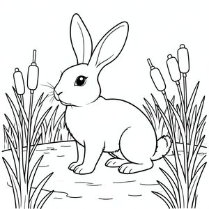 solo, chủ đề đơn, một đầu, hai mắt, hai tai, bốn chân, một đuôi, tỷ lệ tự nhiên, quy mô thích hợp trong môi trường, đúng giải phẫu, thỏ, Cattails, bulrushes, ao đất ngập nước, nhỏ, đơn giản, lý lịch, cánh đồng, cây xanh, Nước, Ánh sáng mặt trời, trang màu, nghệ thuật đường, nền trắng, Solo, chủ đề đơn, đúng về mặt giải phẫu, giải phẫu hoàn hảo