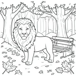 solo, chủ đề đơn, một đầu, hai mắt, hai tai, bốn chân, một đuôi, tỷ lệ tự nhiên, quy mô thích hợp trong môi trường, đúng giải phẫu, sư tử, cây sồi, băng ghế công viên, lá mùa thu, lá rụng, ánh sáng mặt trời, lý lịch, rừng, con đường, cỏ, bụi bẩn, trang màu, nghệ thuật đường, nền trắng, solo, chủ đề đơn, đúng giải phẫu, giải phẫu hoàn hảo