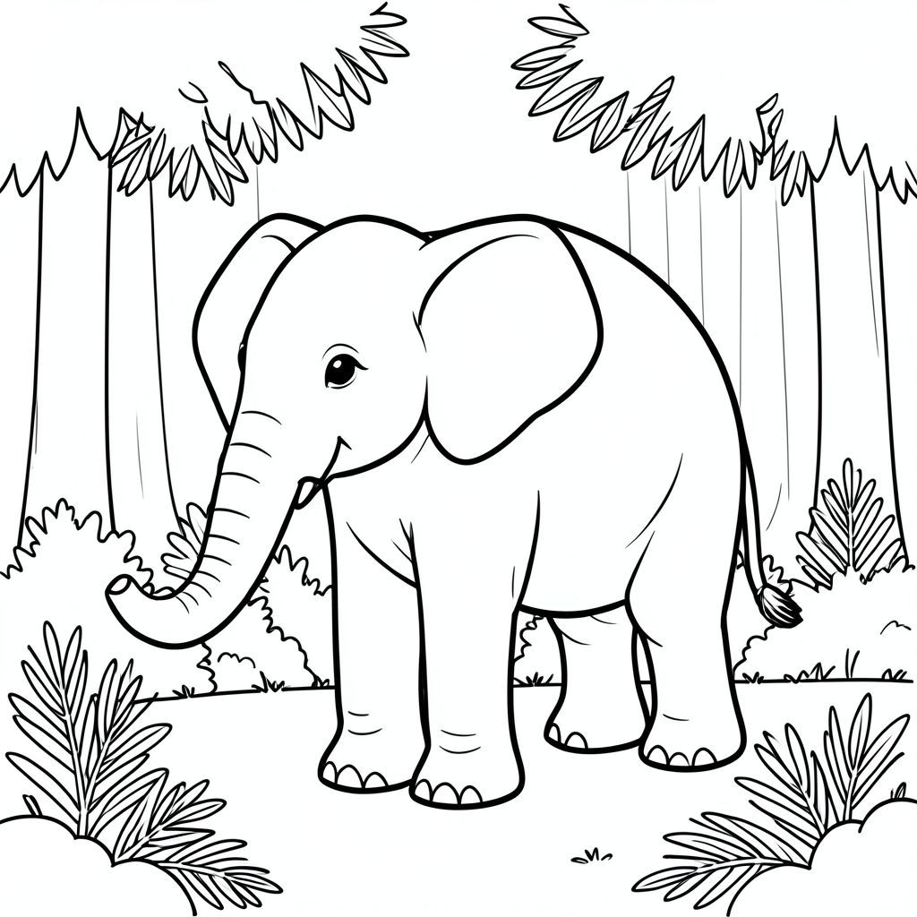 Độc lập, một con voi, một đầu, hai mắt, hai tai lớn, một thân cây, bốn chân, một đuôi, bàn chân trên nền đất vững chắc, tỷ lệ tự nhiên, quy mô thích hợp trong môi trường, đúng về mặt giải phẫu, voi, lá thông, rừng, mặt đất, đơn giản, dọn dẹp, tán lá, cây, tán lá, yên tĩnh, yên bình, trang tô màu, nghệ thuật đường, nền trắng, solo, chủ đề đơn, đúng giải phẫu, giải phẫu hoàn hảo