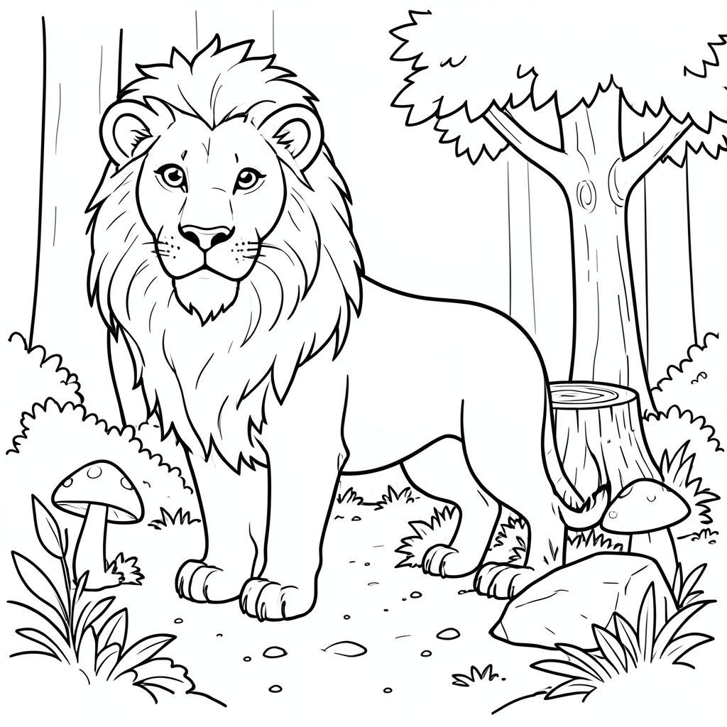 solo, chủ đề đơn, một đầu, hai mắt, hai tai, bốn chân, một đuôi, tỷ lệ tự nhiên, quy mô thích hợp trong môi trường, đúng giải phẫu, sư tử, rừng có ánh nắng, cây nhỏ, gốc cây rỗng, nấm, rêu, lá, bụi bẩn, mặt đất, đá, đơn giản, trang màu, nghệ thuật đường, nền trắng, solo, chủ đề đơn, đúng giải phẫu, giải phẫu hoàn hảo