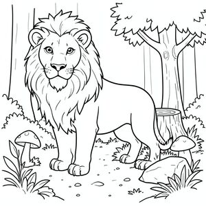 solo, chủ đề đơn, một đầu, hai mắt, hai tai, bốn chân, một đuôi, tỷ lệ tự nhiên, quy mô thích hợp trong môi trường, đúng giải phẫu, sư tử, rừng có ánh nắng, cây nhỏ, gốc cây rỗng, nấm, rêu, lá, bụi bẩn, mặt đất, đá, đơn giản, trang màu, nghệ thuật đường, nền trắng, solo, chủ đề đơn, đúng giải phẫu, giải phẫu hoàn hảo