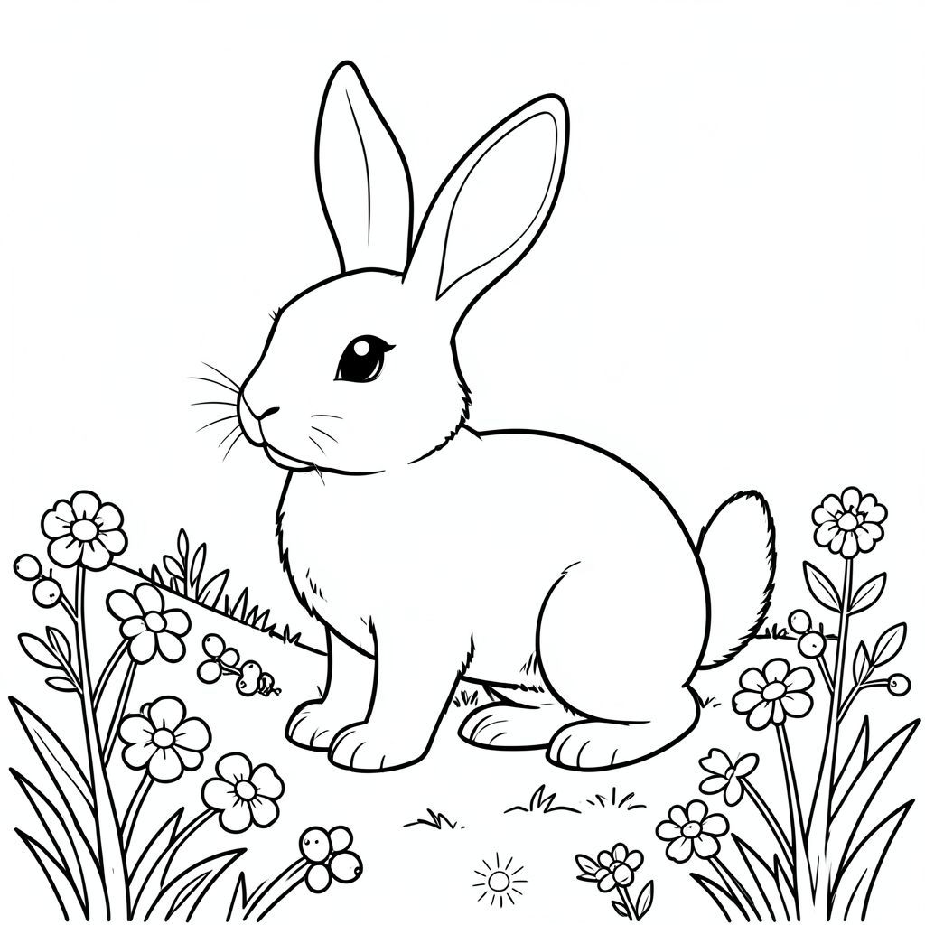 solo, chủ đề đơn, một đầu, hai mắt, hai tai, bốn chân, một đuôi, tỷ lệ tự nhiên, quy mô thích hợp trong môi trường, đúng giải phẫu, thỏ, Quả mọng, sườn đồi, nắng, cỏ, hoa dại, ong, ù, nhỏ, đơn giản, sạch sẽ, trang màu, nghệ thuật đường, nền trắng, solo, chủ đề đơn, đúng về mặt giải phẫu, giải phẫu hoàn hảo