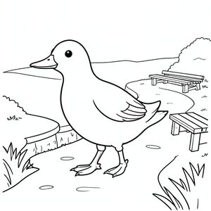 solo, một con chim, một đầu, hai mắt, một mỏ, hai cánh, hai chân, một đuôi, tỷ lệ tự nhiên, quy mô thích hợp trong môi trường, đúng giải phẫu, chim, kênh, con đường, đi bộ, đường mòn, vịt, băng ghế, yên tĩnh, thanh thản, đơn giản, dọn dẹp, tô màu, nghệ thuật đường, nền trắng, solo, chủ đề đơn, chính xác về mặt giải phẫu, giải phẫu hoàn hảo