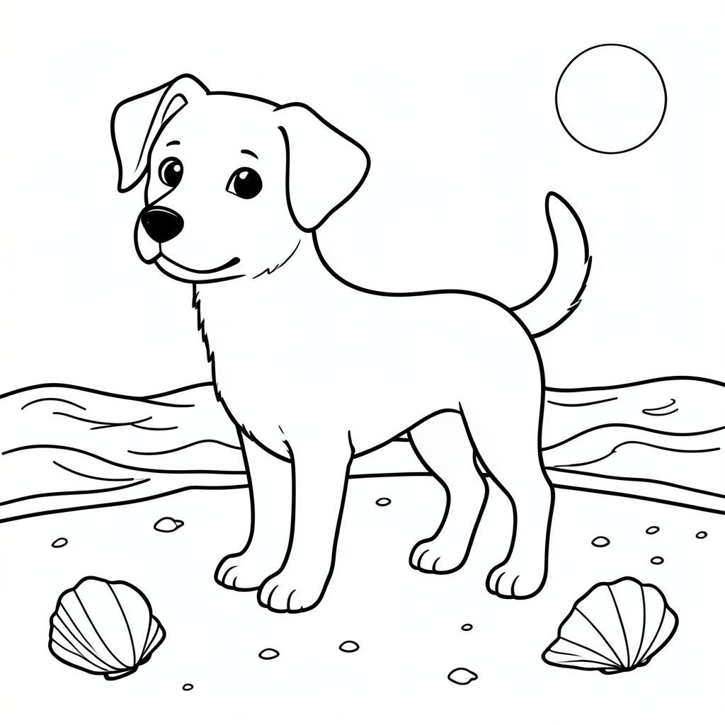 solo, chủ đề đơn, một đầu, hai mắt, hai tai, bốn chân, một đuôi, tỷ lệ tự nhiên, quy mô thích hợp trong môi trường, đúng giải phẫu, chó, Bãi cát, sóng, vỏ sò, cát, nước trong, ánh sáng mặt trời, điềm tĩnh, nhẹ nhàng, nhỏ, đơn giản, tô màu, nghệ thuật đường, nền trắng, solo, chủ đề đơn, đúng về mặt giải phẫu, giải phẫu hoàn hảo