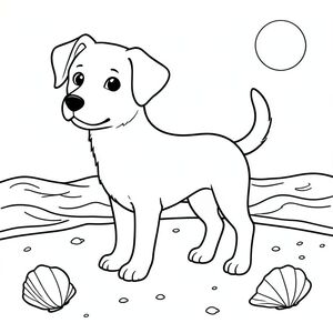 solo, chủ đề đơn, một đầu, hai mắt, hai tai, bốn chân, một đuôi, tỷ lệ tự nhiên, quy mô thích hợp trong môi trường, đúng giải phẫu, chó, Bãi cát, sóng, vỏ sò, cát, nước trong, ánh sáng mặt trời, điềm tĩnh, nhẹ nhàng, nhỏ, đơn giản, tô màu, nghệ thuật đường, nền trắng, solo, chủ đề đơn, đúng về mặt giải phẫu, giải phẫu hoàn hảo