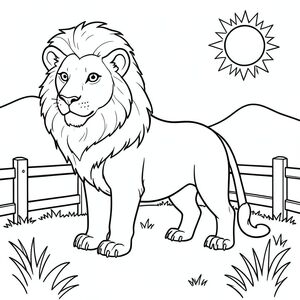 solo, chủ đề đơn, một đầu, hai mắt, hai tai, bốn chân, một đuôi, tỷ lệ tự nhiên, quy mô thích hợp trong môi trường, đúng giải phẫu, sư tử, đồng cỏ, lăn, hàng rào đơn giản, bằng gỗ, dọn dẹp, lý lịch, đơn giản, môi trường, mặt trời, cỏ, tô màu, nghệ thuật đường, nền trắng, solo, chủ đề đơn, đúng về mặt giải phẫu, giải phẫu hoàn hảo