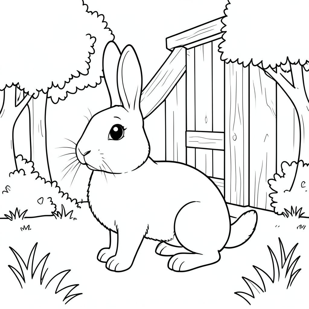 solo, chủ đề đơn, một đầu, hai mắt, hai tai, bốn chân, một đuôi, tỷ lệ tự nhiên, quy mô thích hợp trong môi trường, đúng giải phẫu, thỏ, Tường chuồng, cấu trúc bằng gỗ, nhỏ, đơn giản, dọn dẹp, lý lịch, không gian mở, tán lá, cây, cỏ, trang tô màu, nghệ thuật đường, nền trắng, solo, chủ đề đơn, đúng về mặt giải phẫu, giải phẫu hoàn hảo