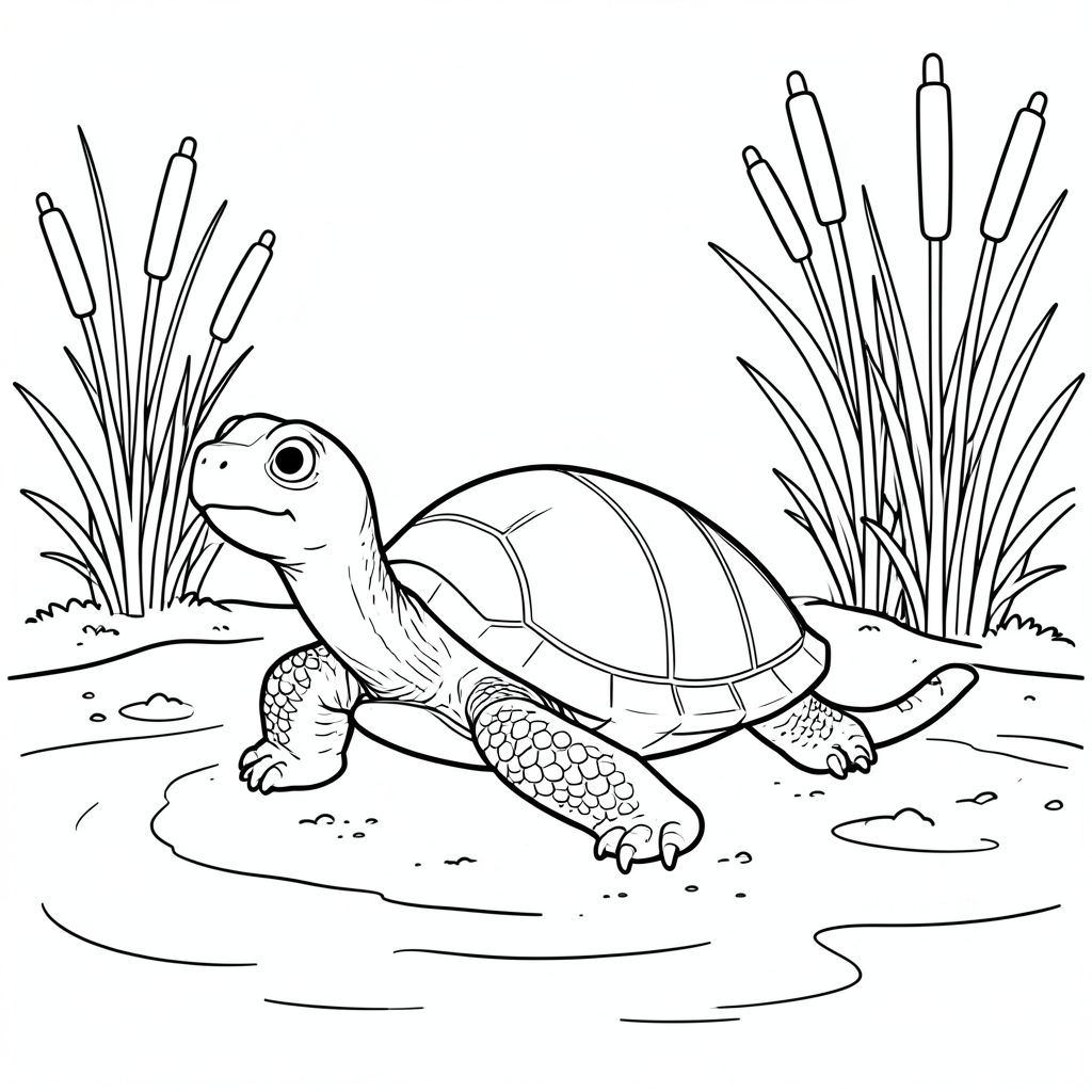 solo, rùa đơn, một đầu, hai mắt, bốn chân, một vỏ, một đuôi, bàn chân trên mặt đất vững chắc, tỷ lệ tự nhiên, quy mô thích hợp trong môi trường, đúng giải phẫu, rùa, Lau sậy, đuôi mèo, bờ sông, nước lặng, đất, ánh sáng mặt trời, nhỏ, đơn giản, sạch sẽ, yên bình, trang màu, nghệ thuật đường nét, nền trắng, solo, chủ đề đơn, đúng giải phẫu, giải phẫu hoàn hảo