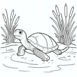 solo, rùa đơn, một đầu, hai mắt, bốn chân, một vỏ, một đuôi, bàn chân trên mặt đất vững chắc, tỷ lệ tự nhiên, quy mô thích hợp trong môi trường, đúng giải phẫu, rùa, Lau sậy, đuôi mèo, bờ sông, nước lặng, đất, ánh sáng mặt trời, nhỏ, đơn giản, sạch sẽ, yên bình, trang màu, nghệ thuật đường nét, nền trắng, solo, chủ đề đơn, đúng giải phẫu, giải phẫu hoàn hảo