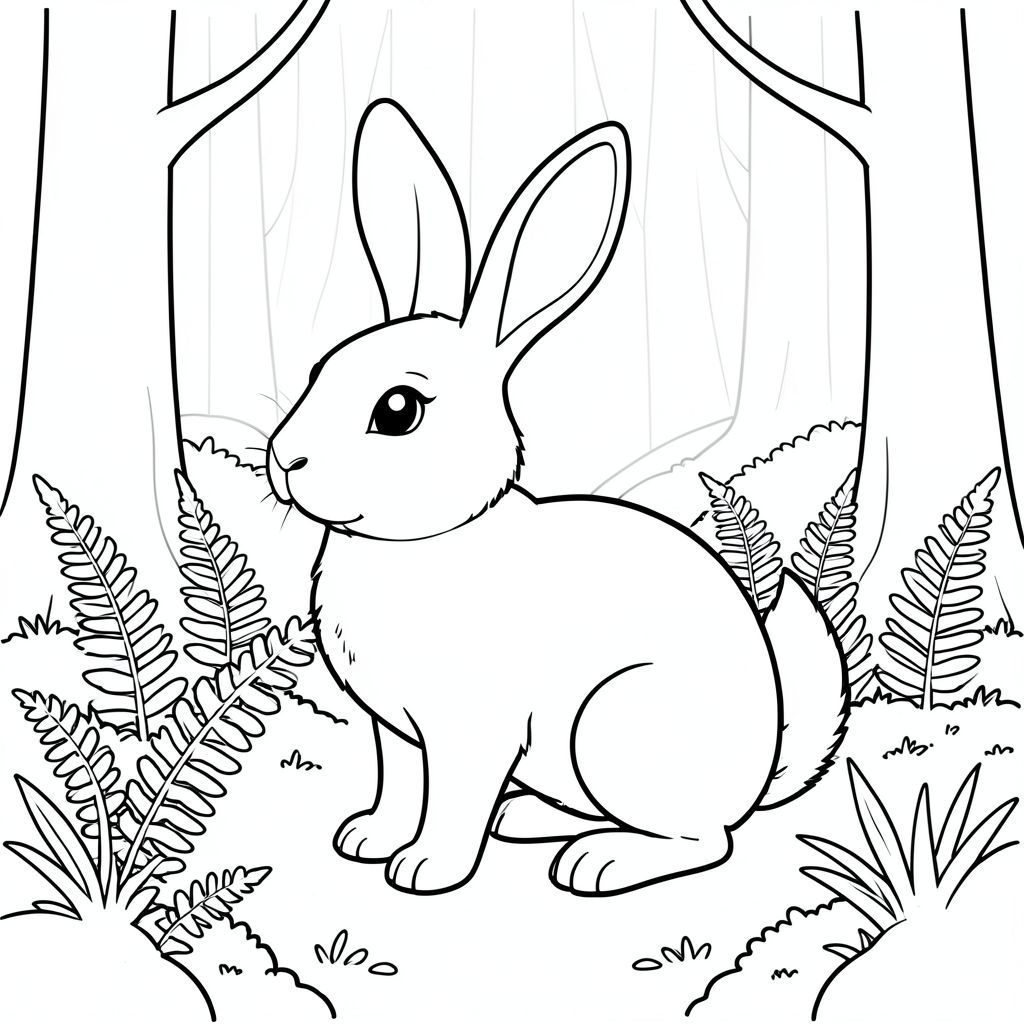 solo, chủ đề đơn, một đầu, hai mắt, hai tai, bốn chân, một đuôi, tỷ lệ tự nhiên, quy mô thích hợp trong môi trường, đúng giải phẫu, thỏ, dương xỉ, rêu, rừng, yên bình, yên bình, yên tĩnh, đơn giản, sạch sẽ, lý lịch, rừng cây, cây cối, tô màu, nghệ thuật đường, nền trắng, solo, chủ đề đơn, đúng giải phẫu, giải phẫu hoàn hảo