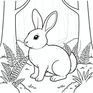 solo, chủ đề đơn, một đầu, hai mắt, hai tai, bốn chân, một đuôi, tỷ lệ tự nhiên, quy mô thích hợp trong môi trường, đúng giải phẫu, thỏ, dương xỉ, rêu, rừng, yên bình, yên bình, yên tĩnh, đơn giản, sạch sẽ, lý lịch, rừng cây, cây cối, tô màu, nghệ thuật đường, nền trắng, solo, chủ đề đơn, đúng giải phẫu, giải phẫu hoàn hảo