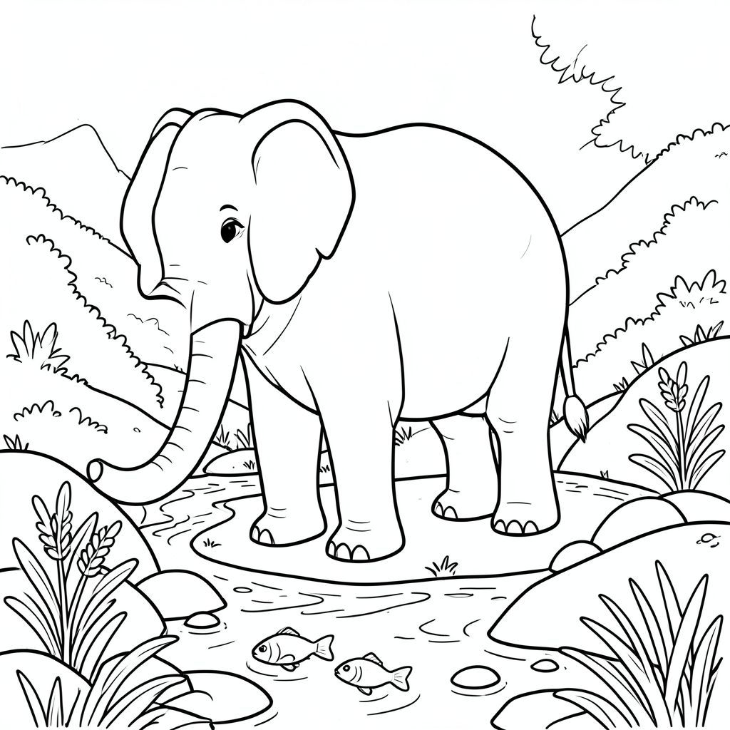 solo, một con voi, một đầu, hai mắt, hai tai lớn, một thân cây, bốn chân, một đuôi, chân trên mặt đất vững chắc, tỷ lệ tự nhiên, quy mô thích hợp trong môi trường, đúng về mặt giải phẫu, voi, suối núi, cải xoong, cá nhỏ, nước trong, đá, ánh sáng mặt trời, đá mịn, tán lá, nước chảy, dốc thoai thoải, tô màu, nghệ thuật đường, nền trắng, solo, chủ đề đơn, đúng giải phẫu,  Giải phẫu hoàn hảo