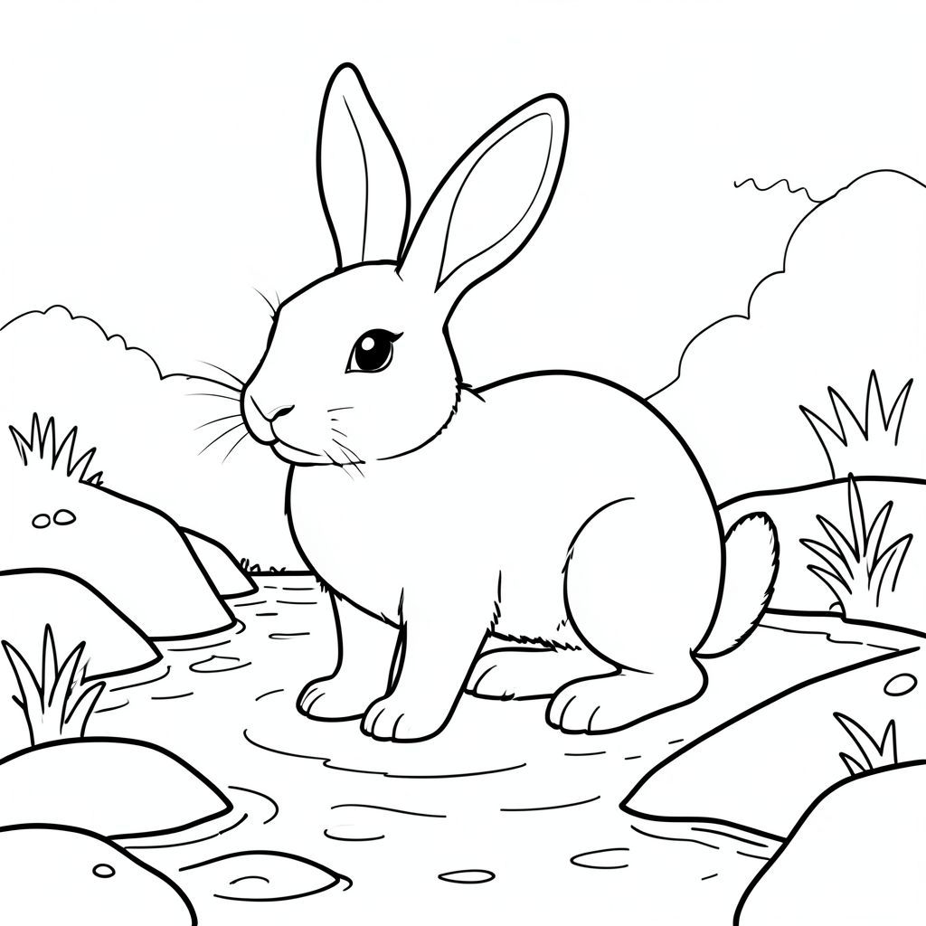 solo, chủ đề đơn, một đầu, hai mắt, hai tai, bốn chân, một đuôi, tỷ lệ tự nhiên, quy mô thích hợp trong môi trường, đúng giải phẫu, thỏ, giường lạch, đá, nước nông, ánh sáng mặt trời, nền đơn giản, sạch sẽ, tinh khiết, nhỏ, yên bình, tự nhiên, tô màu, nghệ thuật đường, nền trắng, solo, chủ đề đơn, đúng giải phẫu, giải phẫu hoàn hảo