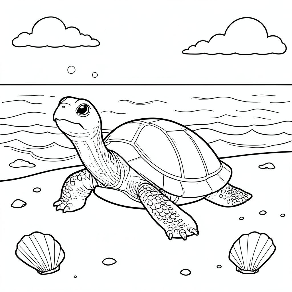 solo, rùa đơn, một đầu, hai mắt, bốn chân, một vỏ, một đuôi, bàn chân trên mặt đất vững chắc, tỷ lệ tự nhiên, quy mô thích hợp trong môi trường, đúng giải phẫu, rùa, Bãi biển cát, sóng, vỏ sò, cát, nước trong, ánh sáng mặt trời, đường chân trời, Bầu trời, những đám mây, đại dương, tô màu, nghệ thuật đường, nền trắng, solo, chủ đề đơn, đúng giải phẫu, giải phẫu hoàn hảo