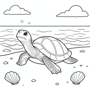 solo, rùa đơn, một đầu, hai mắt, bốn chân, một vỏ, một đuôi, bàn chân trên mặt đất vững chắc, tỷ lệ tự nhiên, quy mô thích hợp trong môi trường, đúng giải phẫu, rùa, Bãi biển cát, sóng, vỏ sò, cát, nước trong, ánh sáng mặt trời, đường chân trời, Bầu trời, những đám mây, đại dương, tô màu, nghệ thuật đường, nền trắng, solo, chủ đề đơn, đúng giải phẫu, giải phẫu hoàn hảo