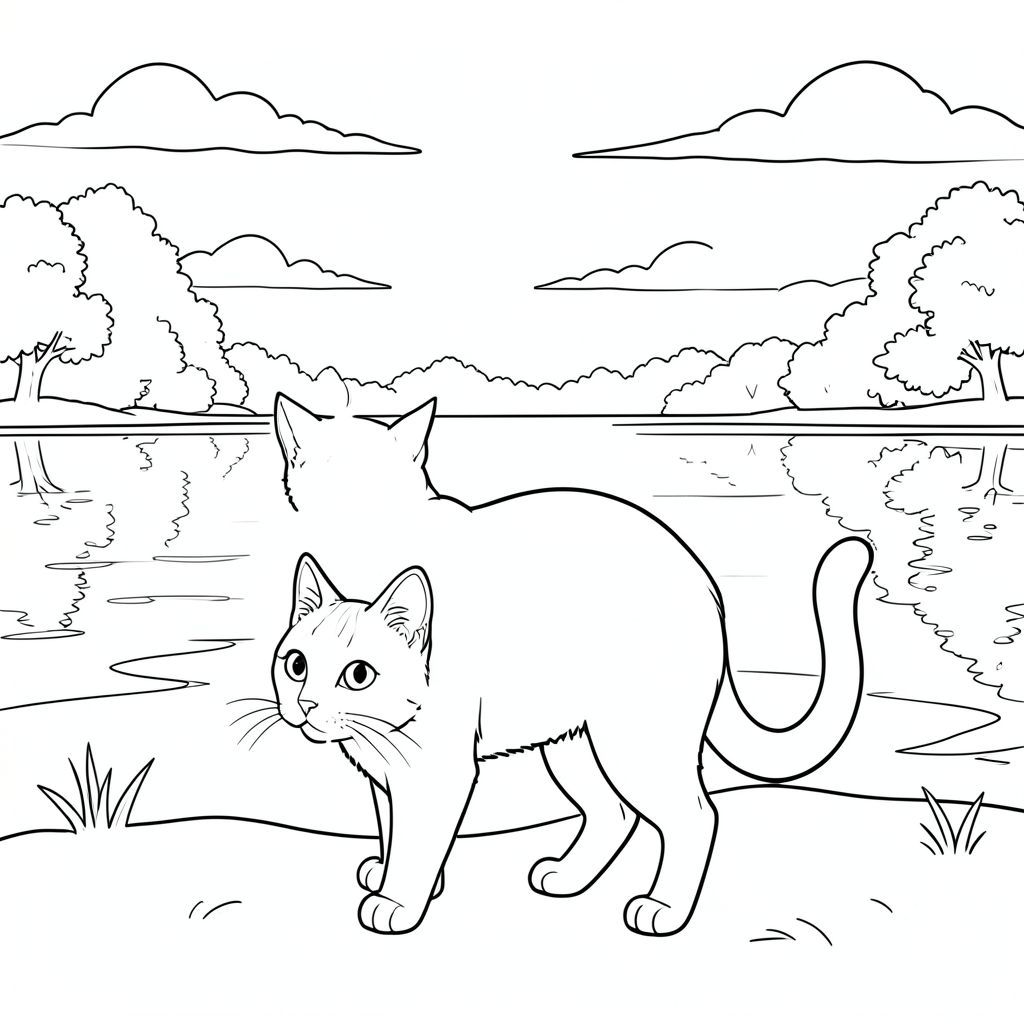 solo, chủ đề đơn, một đầu, hai mắt, hai tai, bốn chân, một đuôi, tỷ lệ tự nhiên, quy mô thích hợp trong môi trường, đúng về mặt giải phẫu, con mèo, hồ, hoàng hôn, bầu trời, phản chiếu, điềm tĩnh, trong sáng, ấm áp, mờ mịt, xa, cây cối, trang màu, nghệ thuật đường, nền trắng, solo, chủ đề đơn, đúng về mặt giải phẫu, giải phẫu hoàn hảo