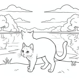 solo, chủ đề đơn, một đầu, hai mắt, hai tai, bốn chân, một đuôi, tỷ lệ tự nhiên, quy mô thích hợp trong môi trường, đúng về mặt giải phẫu, con mèo, hồ, hoàng hôn, bầu trời, phản chiếu, điềm tĩnh, trong sáng, ấm áp, mờ mịt, xa, cây cối, trang màu, nghệ thuật đường, nền trắng, solo, chủ đề đơn, đúng về mặt giải phẫu, giải phẫu hoàn hảo