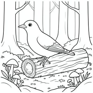 solo, một con chim, một đầu, hai mắt, một mỏ, hai cánh, hai chân, một đuôi, tỷ lệ tự nhiên, quy mô thích hợp trong môi trường, đúng giải phẫu, chim, rừng, khúc gỗ rỗng, nấm, vỏ cây, sàn rừng, ánh sáng mặt trời, đơn giản, sạch sẽ, lý lịch, tuyến tính, trang màu, nghệ thuật đường, nền trắng, solo, chủ đề đơn, chính xác về mặt giải phẫu, giải phẫu hoàn hảo