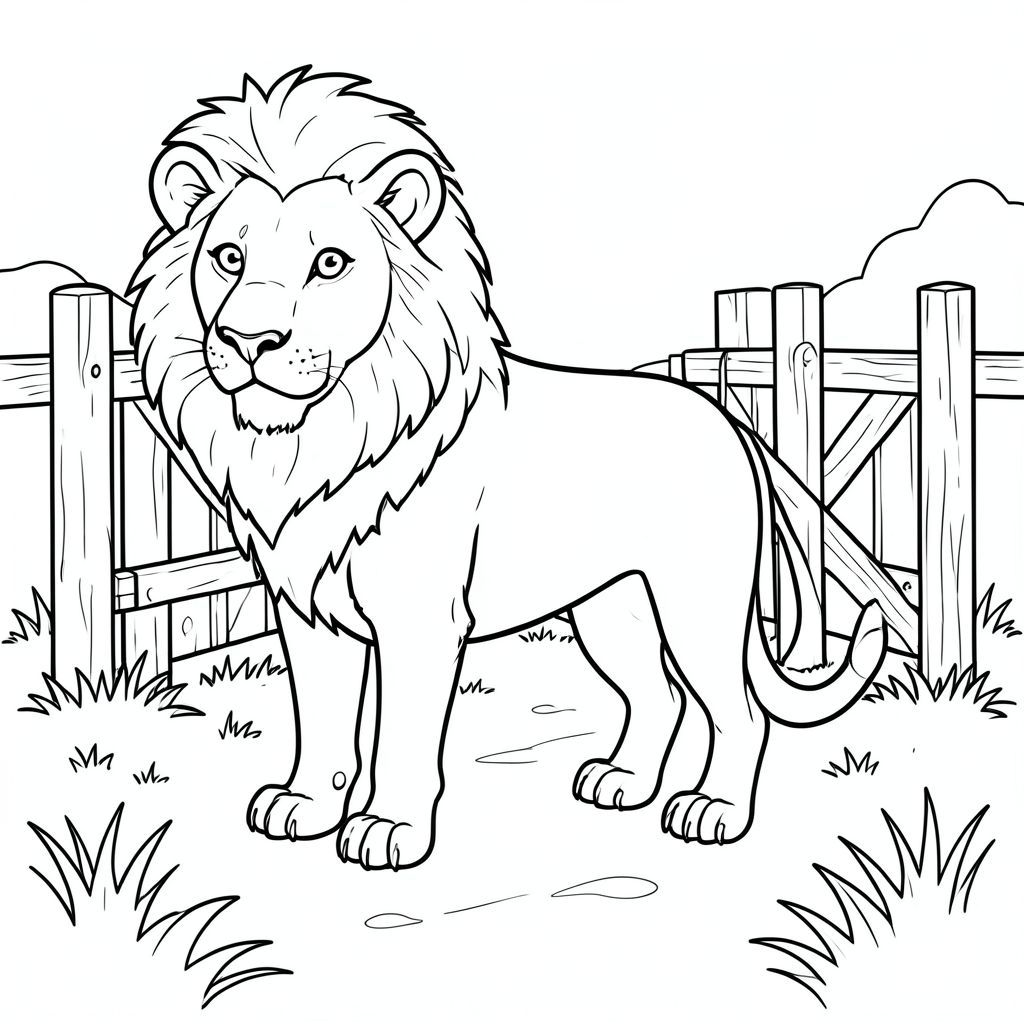 solo, chủ đề đơn, một đầu, hai mắt, hai tai, bốn chân, một đuôi, tỷ lệ tự nhiên, quy mô thích hợp trong môi trường, đúng giải phẫu, sư tử, Cổng mộc mạc, lối đi bộ đầy cỏ, nền đơn giản, làm sạch, tinh khiết, đơn giản, nông thôn, bằng gỗ, cổng, lối đi bộ, trang tô màu, nghệ thuật đường, nền trắng, solo, chủ đề đơn, đúng về mặt giải phẫu, giải phẫu hoàn hảo