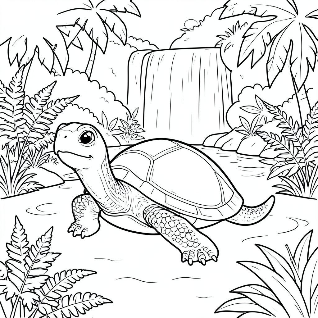 solo, rùa đơn, một đầu, hai mắt, bốn chân, một vỏ, một đuôi, bàn chân trên mặt đất vững chắc, tỷ lệ tự nhiên, quy mô thích hợp trong môi trường, đúng về mặt giải phẫu, rùa, Dương xỉ, vườn nhiệt đới, thác nước, ánh sáng mặt trời, nước trong, tán lá tươi tốt, mềm mại, nền đơn giản, dọn dẹp, hòa bình, trang màu, nghệ thuật đường, nền trắng, solo, chủ đề đơn, đúng giải phẫu, giải phẫu hoàn hảo