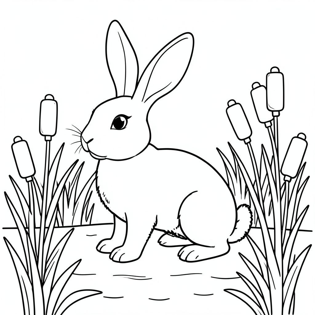 solo, chủ đề đơn, một đầu, hai mắt, hai tai, bốn chân, một đuôi, tỷ lệ tự nhiên, quy mô thích hợp trong môi trường, đúng giải phẫu, thỏ, Cattails, bulrushes, ao đất ngập nước, nhỏ, đơn giản, dọn dẹp, lý lịch, cánh đồng, thảm thực vật, tán lá, trang tô màu, nghệ thuật đường, nền trắng, solo, chủ đề đơn, chính xác về mặt giải phẫu, giải phẫu hoàn hảo