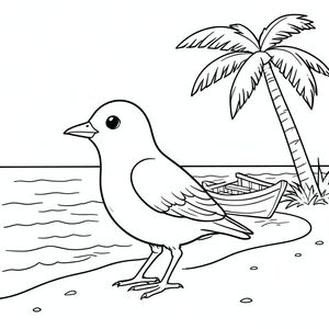 solo, một con chim, một đầu, hai mắt, một mỏ, hai cánh, hai chân, một đuôi, tỷ lệ tự nhiên, quy mô thích hợp trong môi trường, đúng giải phẫu, chim, bờ biển, cọ dừa, thuyền nhỏ, cát, nước, bầu trời, ánh sáng mặt trời, trong sáng, điềm tĩnh, sóng, trang màu, nghệ thuật đường, nền trắng, solo, chủ đề đơn, chính xác về mặt giải phẫu, giải phẫu hoàn hảo