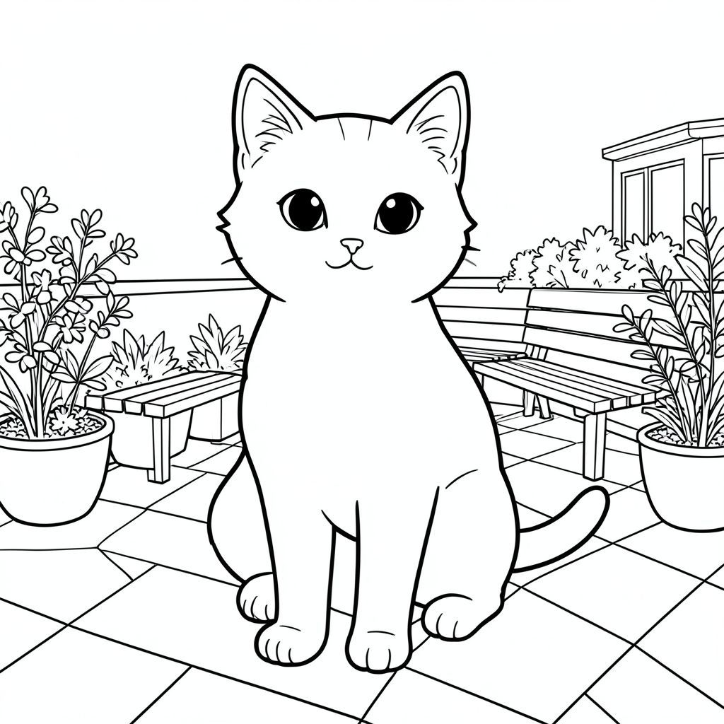 solo, chủ đề đơn, một đầu, hai mắt, hai tai, bốn chân, một đuôi, tỷ lệ tự nhiên, quy mô thích hợp trong môi trường, đúng giải phẫu, con mèo, Sân thượng, sân thượng, thực vật, băng ghế, ánh sáng mặt trời, dọn dẹp, đơn giản, lý lịch, ngoài trời, xem, trang màu, nghệ thuật đường, nền trắng, solo, chủ đề đơn, đúng về mặt giải phẫu, giải phẫu hoàn hảo