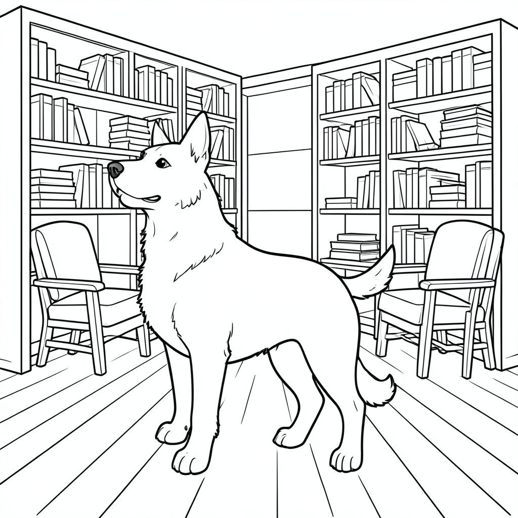 solo, chủ đề đơn, một đầu, hai mắt, hai tai, bốn chân, một đuôi, tỷ lệ tự nhiên, quy mô thích hợp trong môi trường, đúng giải phẫu,, giá sách, kệ, ngăn xếp, hàng, ghế đọc, thoải mái, yên tĩnh, ánh sáng lờ, mềm, sàn gỗ, trang màu, nghệ thuật đường, nền trắng, solo, chủ đề đơn, đúng giải phẫu, giải phẫu hoàn hảo