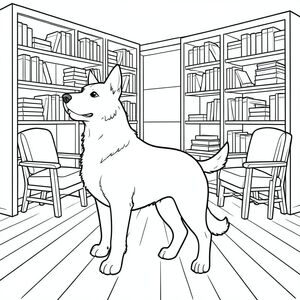 solo, chủ đề đơn, một đầu, hai mắt, hai tai, bốn chân, một đuôi, tỷ lệ tự nhiên, quy mô thích hợp trong môi trường, đúng giải phẫu,, giá sách, kệ, ngăn xếp, hàng, ghế đọc, thoải mái, yên tĩnh, ánh sáng lờ, mềm, sàn gỗ, trang màu, nghệ thuật đường, nền trắng, solo, chủ đề đơn, đúng giải phẫu, giải phẫu hoàn hảo