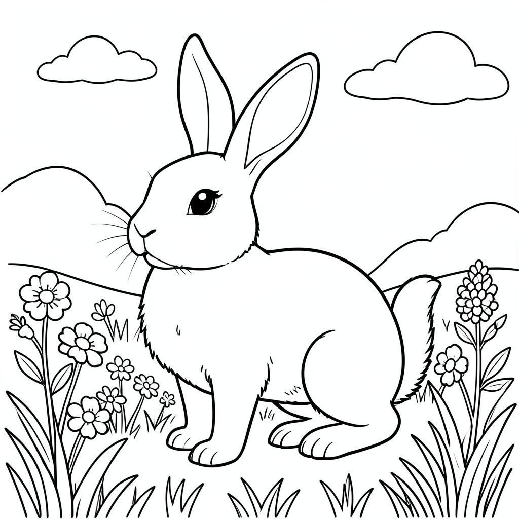 solo, chủ đề đơn, một đầu, hai mắt, hai tai, bốn chân, một đuôi, tỷ lệ tự nhiên, quy mô thích hợp trong môi trường, đúng giải phẫu, thỏ, hoa, đồng cỏ, cỏ, bầu trời quang đãng, ấm áp, đơn giản, lý lịch, cánh đồng, tuyến tính, nghệ thuật, trang màu, nghệ thuật đường, nền trắng, solo, chủ đề đơn, đúng giải phẫu, giải phẫu hoàn hảo